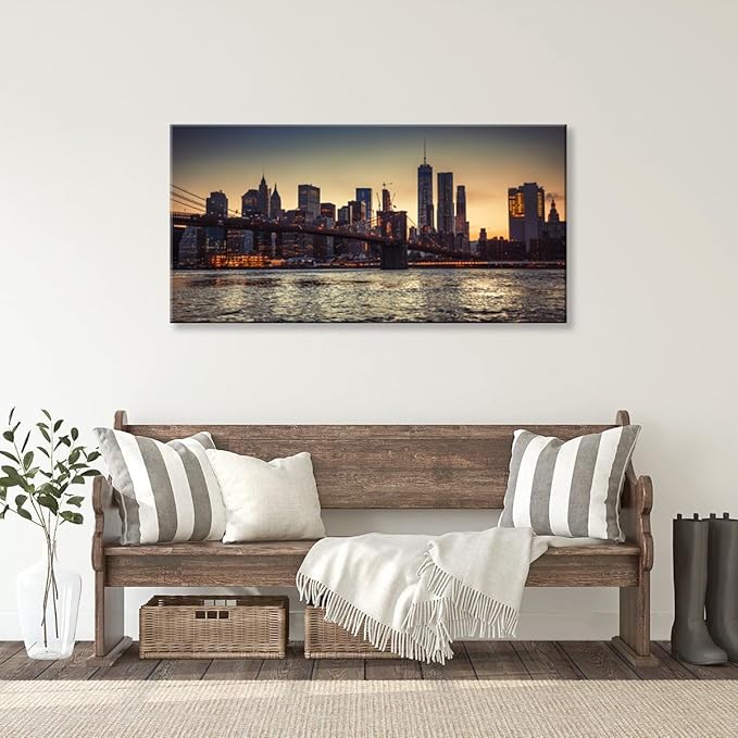 NAN Wind 1PCS New York City Skyline Canvas Wall Art Brooklyn Bridge at Sunset Golden Hour Manhattan Cityscape Pictures Canvas Artwork East River Reflection Modern Urban Home Decor Living Room Office