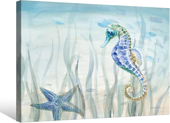Ocean Wall Art Sea Life Wall Decor Costal Watercolor Seahorse Painting Blue Ocean Animal Pictures Starfish Canvas Artwork for Bathroom Bedroom Home Decoration 16x12Inch