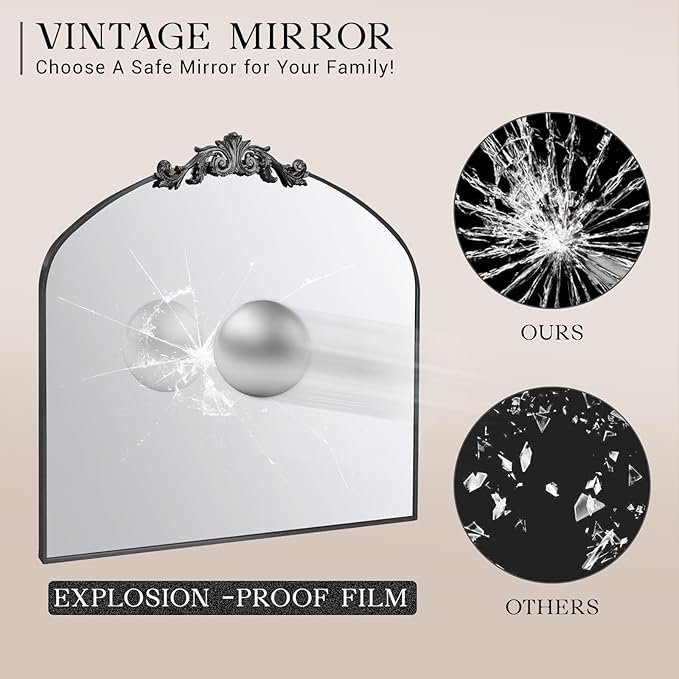 MISSDAY Vintage Matte Black Baroque Mirror for Wall, 36"X30" Arched Antique Wall Mirror with Elegant Carving Top, Full Metal Frame Wall-Mounted Mirror for Bathroom, Living Room, Fireplace, Entryway