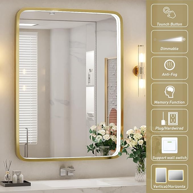 28x36 Inch LED Bathroom Mirror with lights,Wall Mounted Lighted Vanity Mirrors with Non-Rusting Gold Metal Frame Anti-Fog Memory Funtion Stepless Dimmable for Bathroom Decor(Horizontal&Vertical)