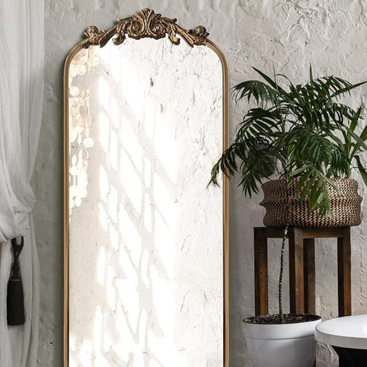 Large Gold Antique Mirror, Tall Arched Floor Mirror,Ornate Design Vintage Wall Mirror Decor for Entryway,Hallway,Living Room,Fireplace 18"X53"