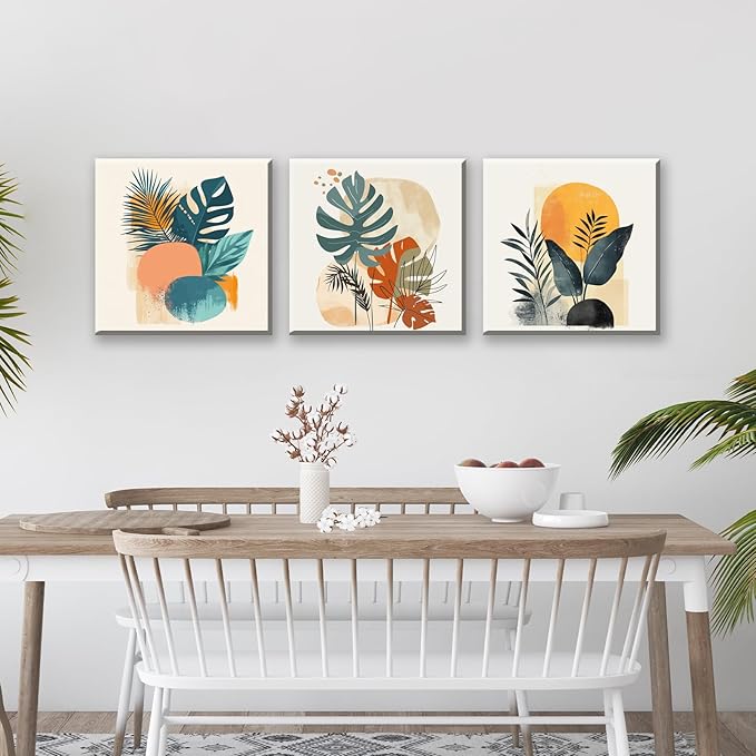 NAN Wind 3 Panels Modern Abstract Tropical Canvas Wall Art Colorful Leaf Prints Contemporary Botanical Art for Living Room Minimalist Plant Decor Geometric Palm & Monstera Leaf Paintings Home Decor