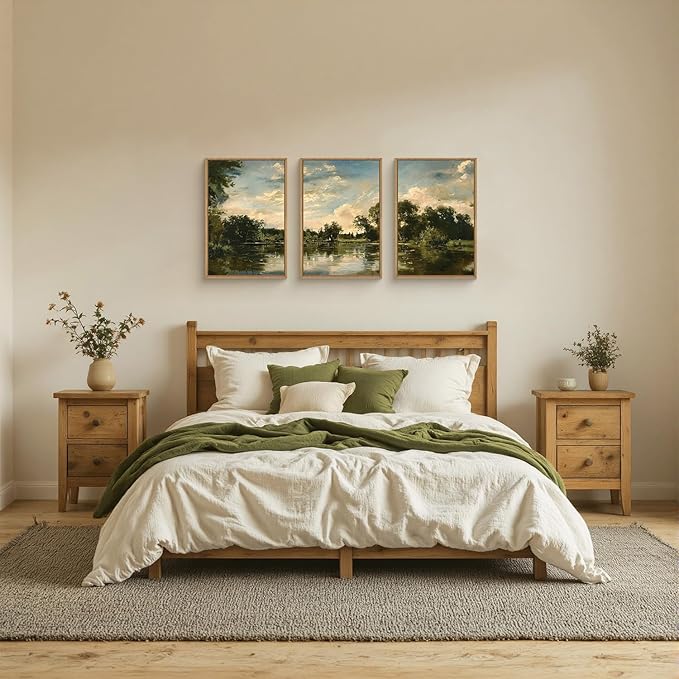 Aryroi Large Natural Forest and Lake Framed Canvas Wall Art,Modern Countryside Wall Decor,Vintage Neutral Landscape Artwork,Rustic Antique Scenery Art Print for Living Room,Bedroom,Office- 16"x24"x3