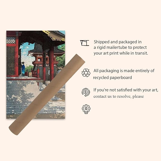 OZCONO Japanese Temple Art Print, Traditional Shrine Wall Decor, Vintage Style Ukiyo-e Woodblock Design, UV-Resistant Giclée Print (36L x 24W)
