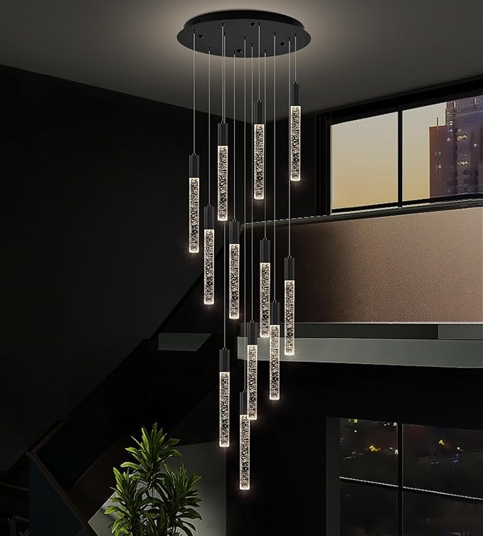 12-Lights High Ceiling Crystal Chandelier, Modern Large LED Raindrop Pendant Light Fixture 98.5" H Flush Mount Chandelier Black for Foyer Staircase Villa Living Room