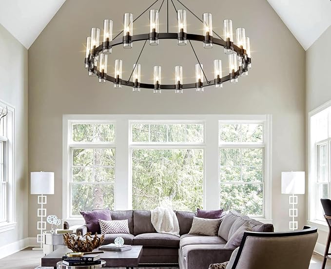 60" Black Wagon Wheel Chandelier, Large 20-Light Farmhouse Round Pendant Light Fixture with Glass Shade, Hanging High Ceilings Chandeliers for Dining Room Kitchen Foyer Entryway Living Room