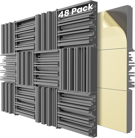48 Pack Self-Adhesive Sound Proof Foam Panels,12 X 12 X 2 inches Acoustic Foam,High Resilience Sound Proofing Padding for Wall,Sound Absorbing Panels Suitable for Home Studios, Offices - Gray