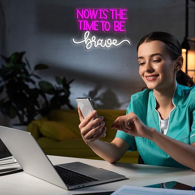 Now Is The Time To Be Brave Neon Sign for Wall Decor Pink Neon Light Dimmable Positive Led Light Up Sign for Classroom Bedroom Teenagers Girls Room Club Salon 16.5 * 11.8 Inch