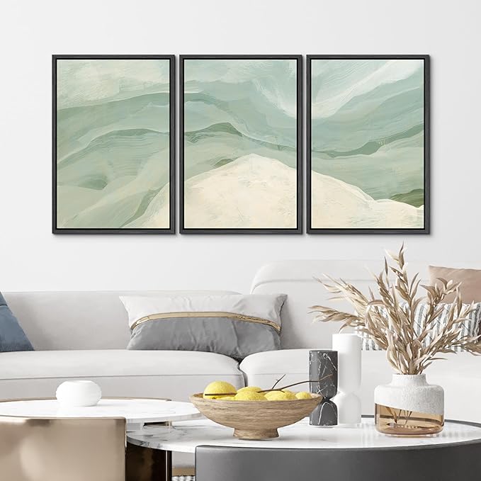 MUDECOR Framed Wall Art Print Set Pastel Waves Blue and White Tones Illustrations Modern Art Boho Decorative Colorful Chic for Living Room, Bedroom, Office - 24"x36"x3 Black