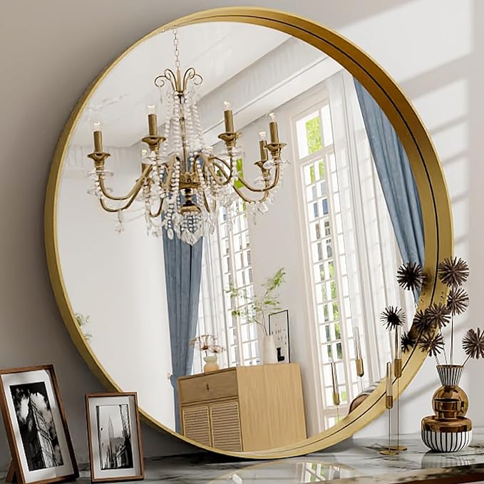32 Inch Round Bathroom Mirror - Wall Mounted Circle Mirror with Metal Frame, Modern Mirror Suitable for Bathroom, Vanity, Entryway, Living Room, Wall Decor,Gold