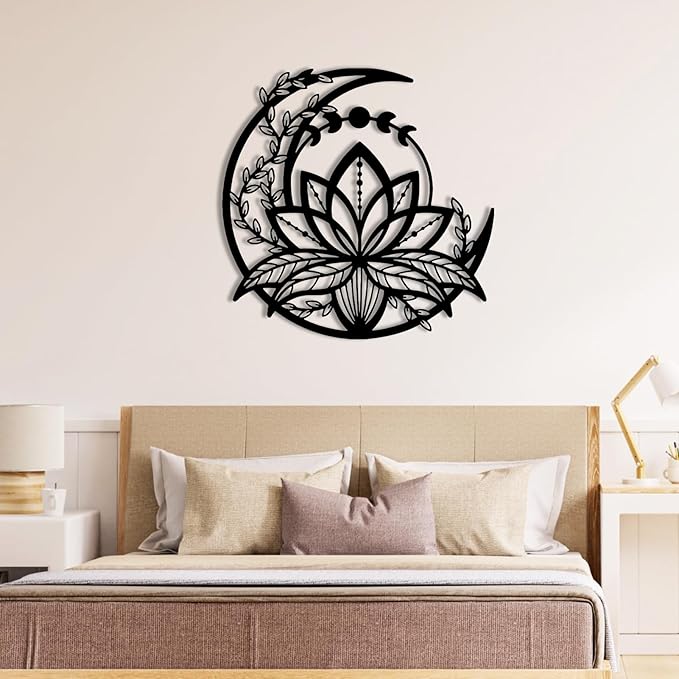 Metal Lotus Flower Wall Art - Extra Large Lotus Moon Metal, Moon Phase Outdoor Decor, Zen Wall Art for Bedroom, Living Room, Yoga Room (Silver, 39x39in|99x99cm)