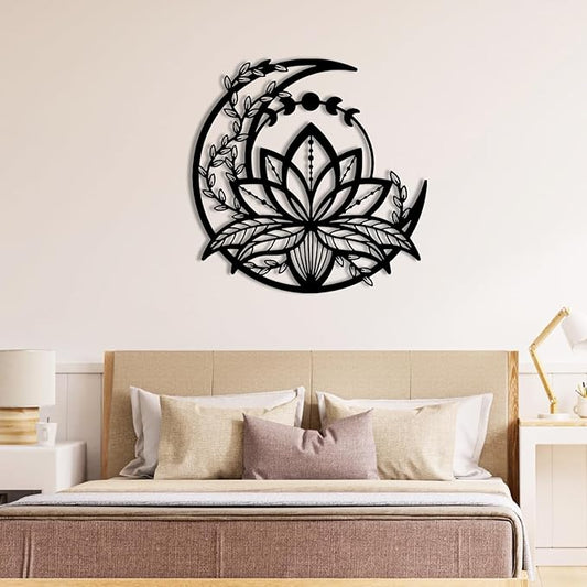 Metal Lotus Flower Wall Art - Extra Large Lotus Moon Metal, Moon Phase Outdoor Decor, Zen Wall Art for Bedroom, Living Room, Yoga Room (Black, 35x35in|90x89cm)