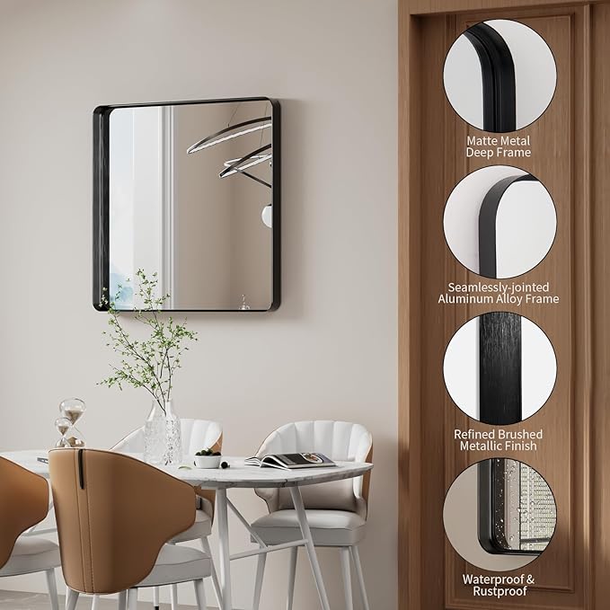 Koonmi Black Wall Mirror for Bathroom, 30x30 Inch Matte Deep Framed Rounded Rectangle Vanity Mirror for Farmhouse Living Room, Tempered Glass, Anti-Rust, Vertically or Horizontally
