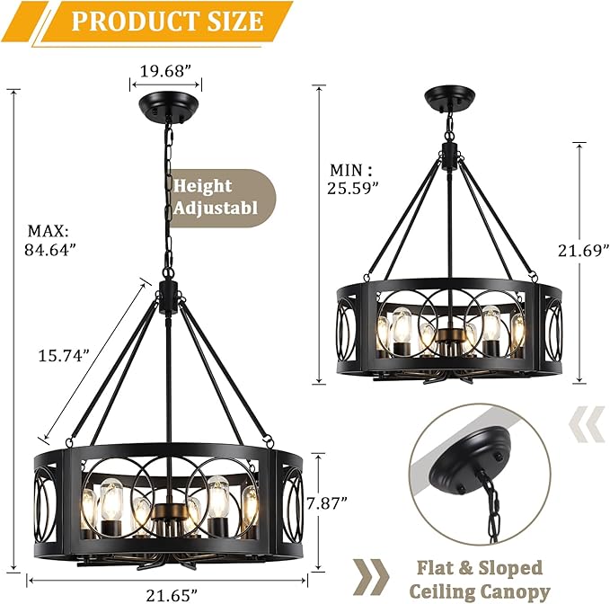 Modern Farmhouse Chandelier, 6-Light Black Chandeliers for Dining Room, 21.6'' Rustic Adjustable Pendant Lights Drum Light Fixture for Entryway Living Room Foyer Kitchen Island Bedroom, E26