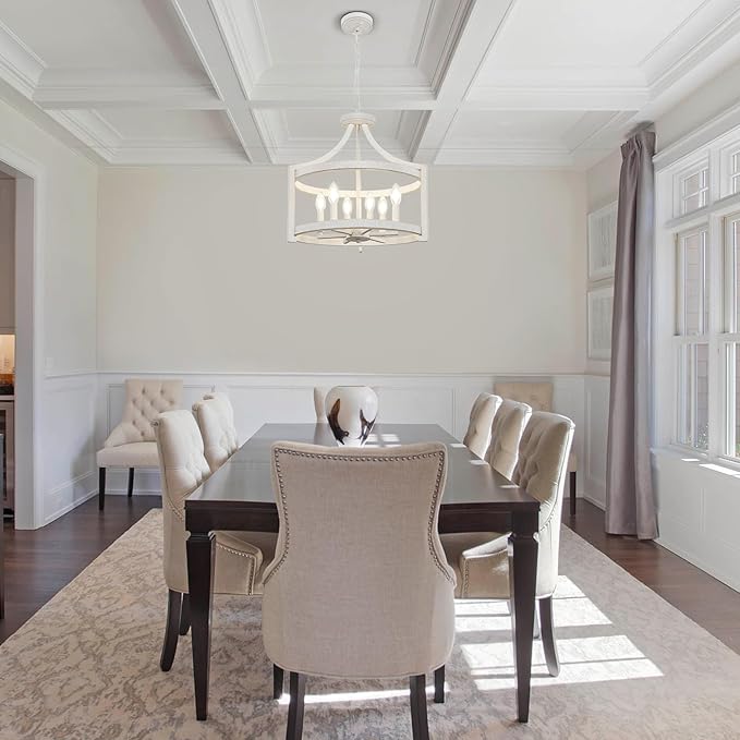 6-Light Farmhouse Chandelier, Distressed Hanging Pendant Lighting, Convertible Semi Flush Mount Ceiling Light Fixture Vintage White Metal Chandeliers for Dining Room Kitchen Foyer Entryway