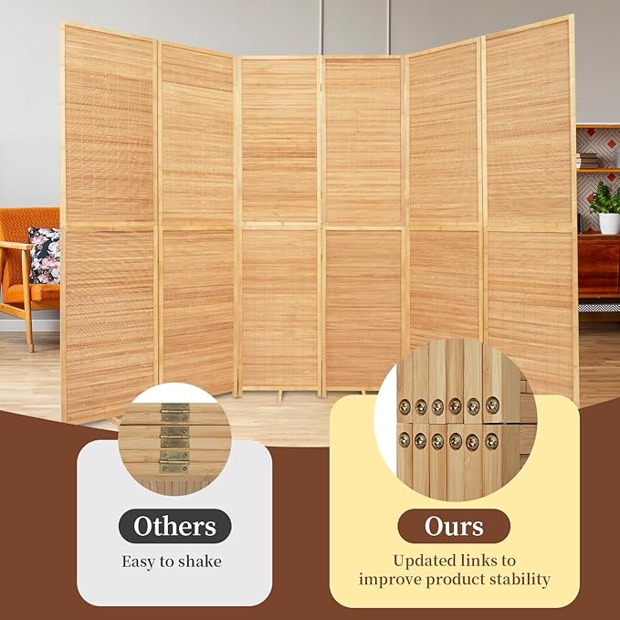 Bamboo Room Divider 6 Panel Wall Divider, 106'' W x 67'' H Folding Design with Extra Stable Base, 100% Bamboo Room Divider Screen for Room Separation, Chinese Room Partitions and Dividers Freestanding