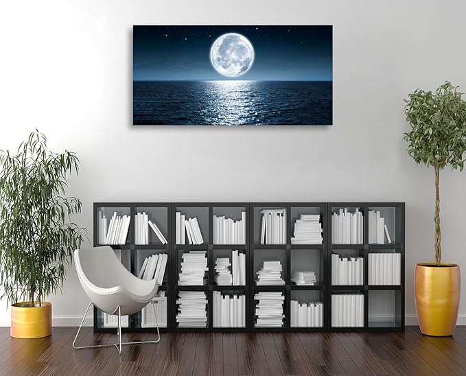 Aibonnly Wall Art Canvas Print Moon Sea Ocean Landscape 1 Panels Full moon Picture Painting Framed and Stretched Ready to Hang for Living Room Bedroom Office Home Decor Artwork 20x40inch