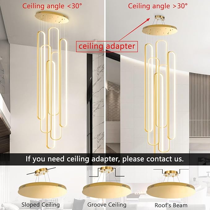 6 Rings Modern Large Chandelier for Staircase High Ceiling Chandelier LED Dimmable Black Chandeliers for Foyer Living Room Villa Gold