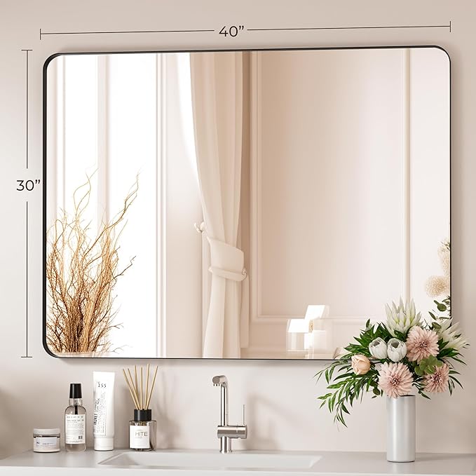 Black Bathroom Mirror 40X30 Inch Bathroom Vanity Mirror for Wall, Metal Frame Large Mirror, Tempered Glass, Modern Wall Mirror for Bathroom, Farmhouse, Horizontally or Vertically Hanging