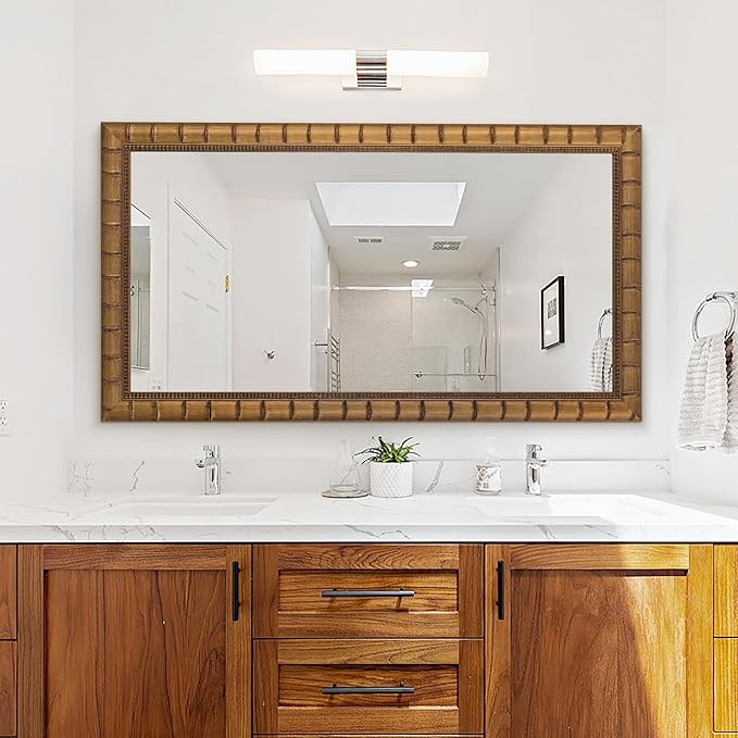 Large Vintage Decorative Mirror for Wall, 53'' x 29'' Antiuqe Warm Gold Living Room Mirrors with Bamboo-Joint Frame, Classic Vintage Gold Wooden Mirror, Horizontal/Vertical