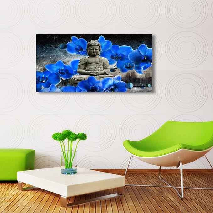 Buddha Pictures Wall Art Canvas Prints Home Decor Grey Zen Blue Flower Painting for Living Room Bedroom Bathroom Office Home Kitchen Decoration Asia Hindu Artwork 24x48 Wooden Frames Easy Hanging