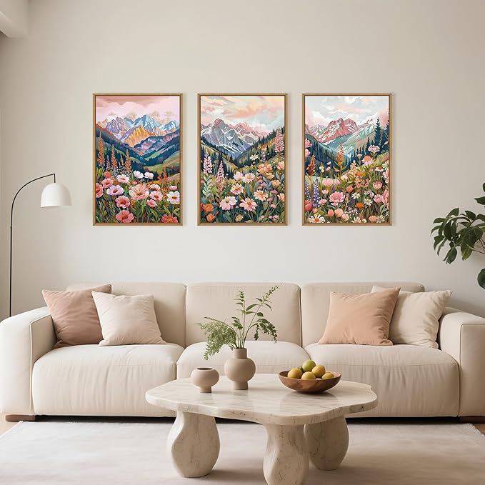 Large Colorful Floral Mountain Framed Canvas Wall Art,Natural Ridge Blossom Wall Decor, Boho Botanical Artwork, Modern Scenery Art Print for Living Room,Bedroom,Office- 16"x24"x3