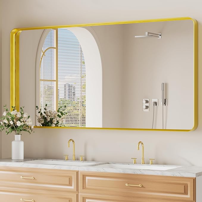 Koonmi Gold Bathroom Mirror for Wall, 30x60 Inch Matte Metal Deep Framed Rounded Corner Wall Mirror, Shatterproof Tempered Glass for Farmhouse Bedroom Entryway, Vertically or Horizontally