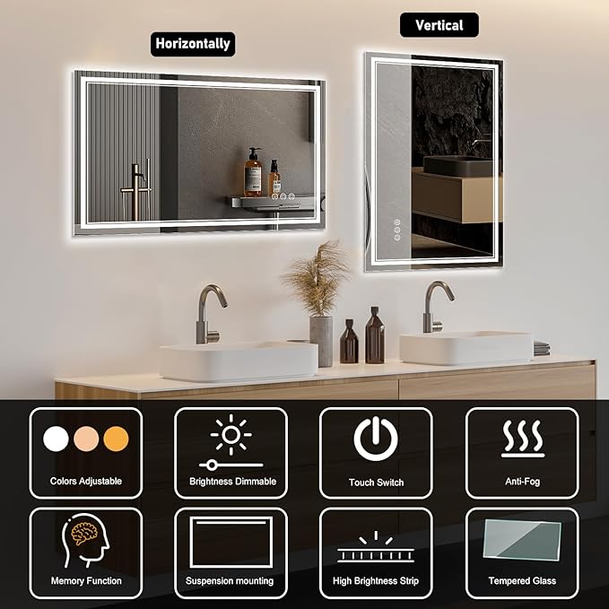 48x32 Inch LED Bathroom Mirror with Frontlit & Backlit（Independent Control）, Lighted Mirror for Bathroom Wall with 3-Color Dimmable & Anti-Fog, Vanity Mirror with Lights