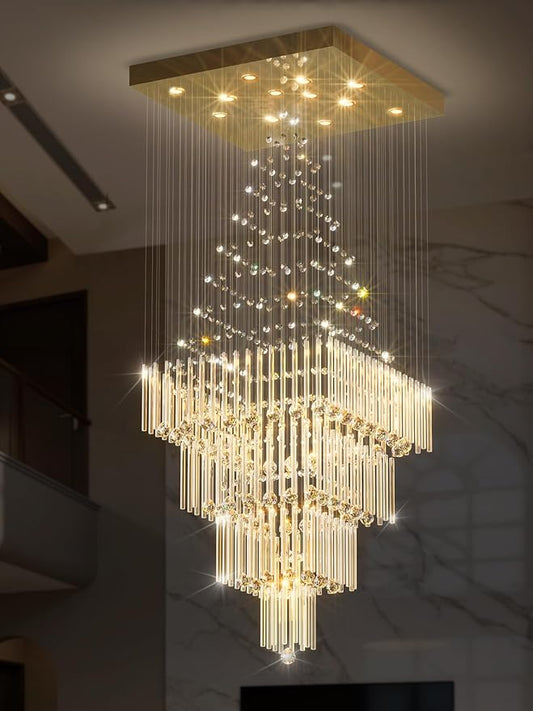 Flashing God D32''X H110'' Extra Large Chandeliers for High Ceilings Square Crystal Raindrop Gold Chandeliers Large Villa Chandelier Entrance Foyer Ceiling Light LED Dimmable 2700K-6000K