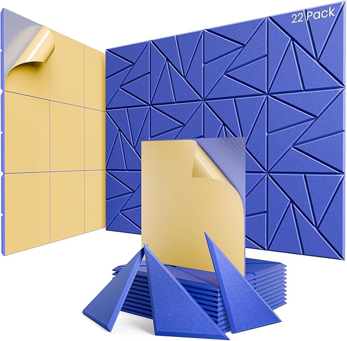 22 pack Acoustic Panels With Self-Adhesive, 12"X 12"X 0.4"Sound Proof Foam Panels, Sound Panels High Density, Soundproof Wall Panels for Home Studio Office Blue