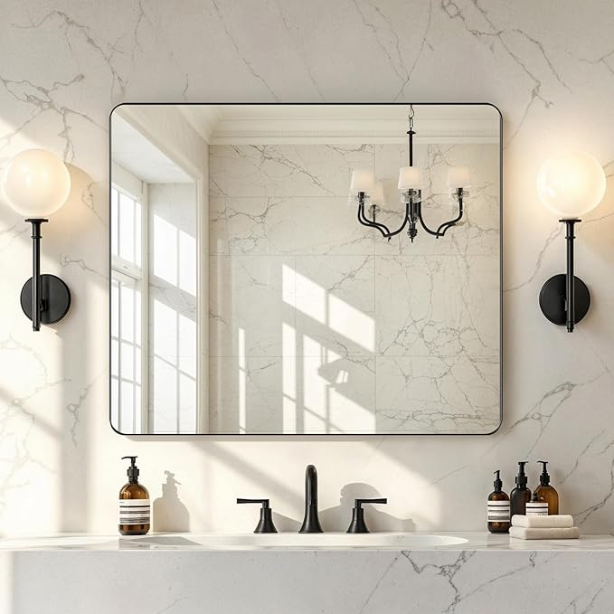 Kosmonia 36x30 Bathroom Vanity Mirror for Wall, Aluminum Framed, Farmhouse Rectangle, Anti-Rust, HD Reflection Anti-Desilvering, Distortion Free, Tempered and Shatter-Proof Wall Mounted Mirror, Black