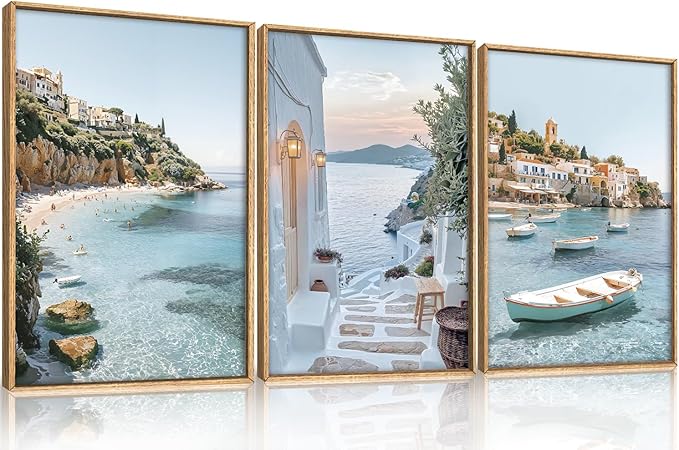 Natural Coastal Ocean Framed Canvas Wall Art Set,Modern Whitewashed Architecture Scenery Wall Decor, Mediterranean Beach Boat Landscape Artwork for Living Room, Bedroom,Farmhouse- 24"x36"x3