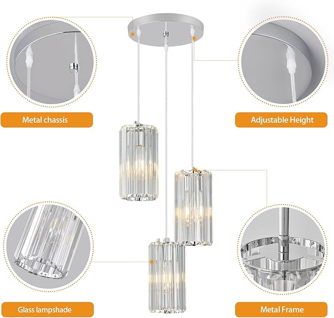 Chrome Pendant Lighting Modern Pendant Light, Mini Crystal Chandeliers,Adjustable Pendant Light Fixture for Kitchen Island Dinning Room Corridor Bedroom…(Gold 3-Light)