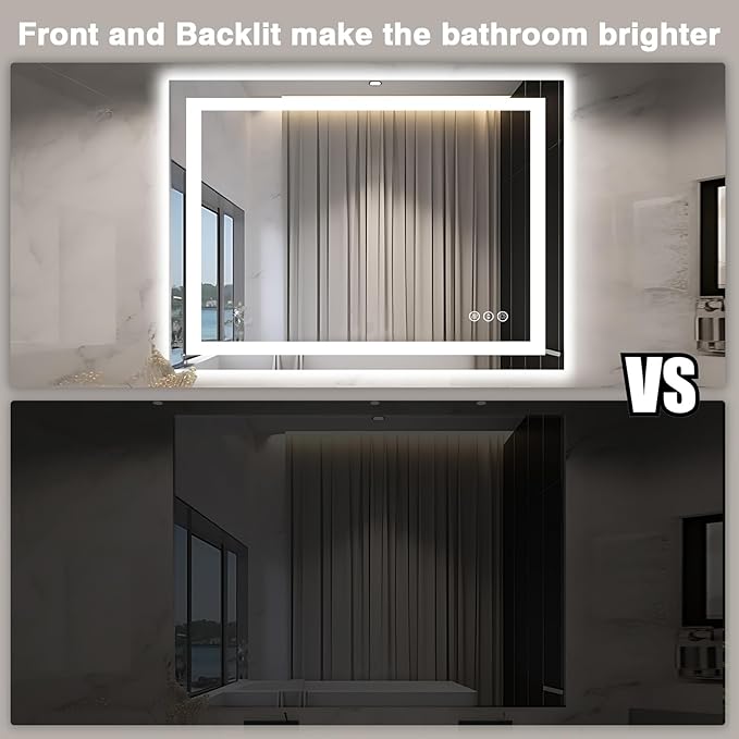 48"x40" LED Lighted Bathroom Mirror with Front Light and Backlit, Anti-Fog Bathroom Mirror with Lights, Stepless Dimmable LED Mirror, 3 Colors Smart Mirror (Horizontal/Vertical)