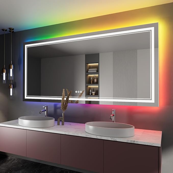 84x40 Inch RGB LED Bathroom Mirror with Lights, Color Changing RGB Backlit LED Mirror for Bathroom,Lighted Vanity Mirrors for Bathroom Wall, Dimmable, Anti-Fog (RGB Backlit+Front-Lit)