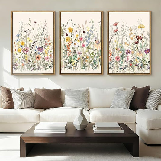 BINCUE Wildflower Wall Art Large Floral Wall Painting Neutral Print Pictures Decor for Living Room Bedroom Bathroom 3 Panel 36x24 Inches