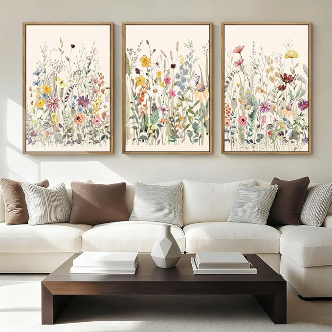 BINCUE Large Framed Floral Canvas Wall Art Colorful Wildflower Pictures Wall Decor for Living Room Bedroom Home Decor 3 Panel 16x24 Inches