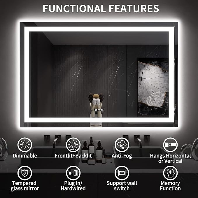 LOAAO 60X40 LED Bathroom Mirror with Lights, Anti-Fog, Dimmable, Backlit + Front Lit, Lighted Bathroom Vanity Mirror for Wall, Memory Function, Tempered Glass, ETL Listed