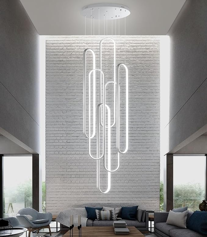 6 Rings Modern Chandelier LED Dimmable Pendant Lighting High Ceiling Chandelier for Entrance Foyer Lobby Staircaes Sliver 118''
