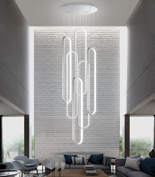 6 Rings Modern Chandelier LED Dimmable Pendant Lighting High Ceiling Chandelier for Entrance Foyer Lobby Staircaes Sliver 118''
