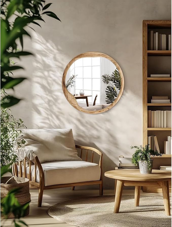 AOAOPQ Wooden Wall Mirror for Bathroom Rustic Farmhouse Vanity Mirror Décor Wall Art Solid Wood Frame Hanging 24 inch Beige