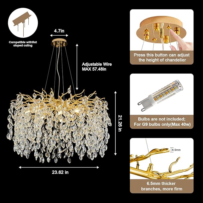 Modern Crystal Chandelier, 23.6" Luxury Gold Tree Branch Chandelier 6-Light Raindrop Chandeliers Modern Chandeliers for Dining Room Kitchen Bedroom Living Room High Ceiling, Branch & Height Adjustable