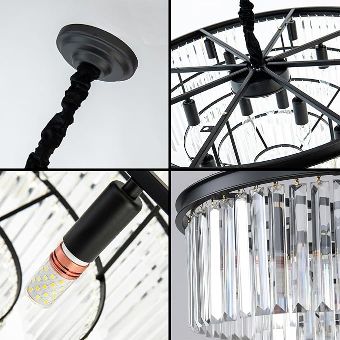 Modern Black Crystal Chandelier,2-Tier Round Pendant Ceiling Fixture with Height Adjustable Luxury Hanging Chandelier for Dining Room,Living Room,Entryway,Bedroom,Kitchen,and Foyer (Black Crystal-2)