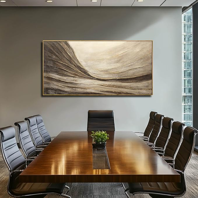 Modern Abstract Wall Art with Frame Brown and Grey Painting Wave Poster Line Canvas for Living Room Bedroom Textured Home Decor 24x48 Inch