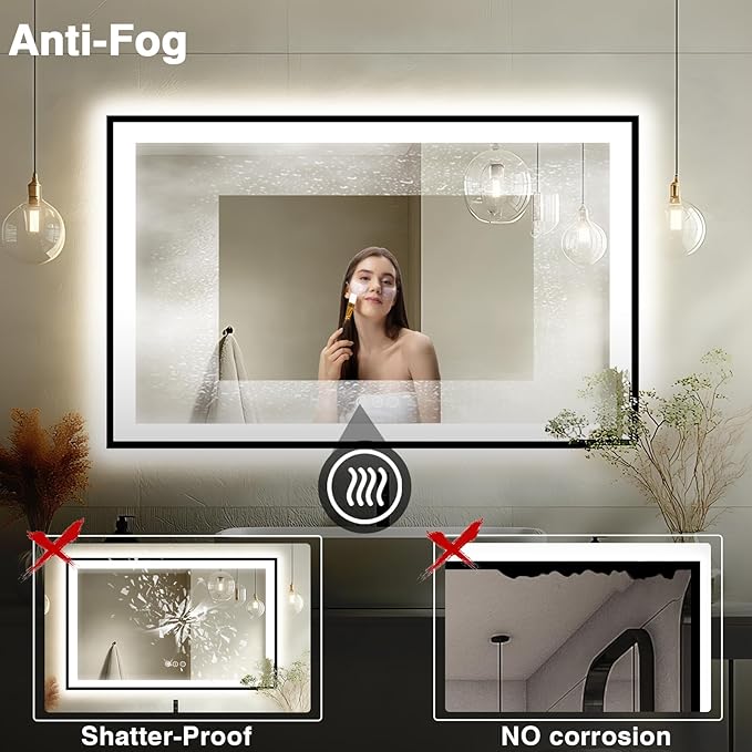 51x36 Lighted Mirrors for Bathroom Wall -Black Aluminum Framed (Front and Backlit), Anti-Fog LED Vanity Mirror, Shatter-Proof Lighted Mirror, 3 Colors Memory Mirror (Horizontal/Vertical)
