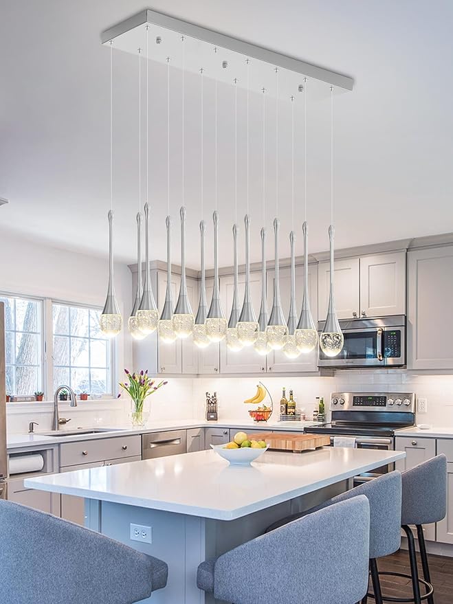 Modern Rectangular Chandelier,14 Lights Silver Raindrop Chandelier Lighting,Industrial Linear Pendant Ceiling Light Fixture for Dining Living Room Kitchen Island