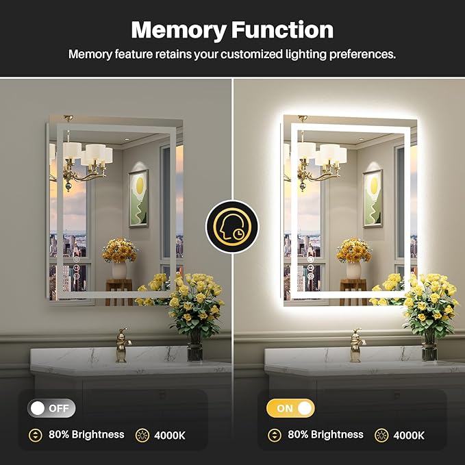 28"x36" LED Bathroom Mirror with Lights, Backlit & Front Lit, Anti-Fog Lighted Bathroom Vanity Mirror for Wall, Memory Function, Dimmable, HD Tempered Glass, Shatter-Proof
