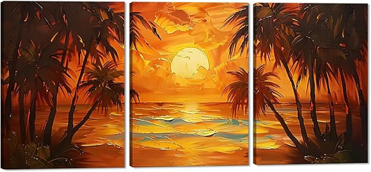 MAMAGO Abstract Beach Wall Decor 3 pieces Orange Skyline Palm Trees Romantic Landscape Canvas Print Picture for Living Room Bedroom Modern Wall Art Framed Easy to Hang-20”W x 28”Hx3pcs