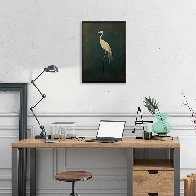 Black Framed Canvas Wall Art Posters Vintage Bird Prints Japanese Crane Retro Asian Bird Picture Abstract Maximalist Green Decor 24X32 inch for Bedroom Living Room Office Gallery