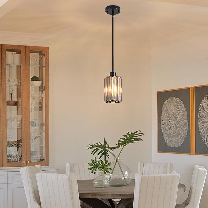 Modern Mini Crystal Pendant Lights Chandeliers Adjustable Sloped LED Hanging Ceiling Fixture Glass small Crystals for Kitchen Island Bathroom Living Room, Dining Room, Hallway, Bar 1PC (Black)